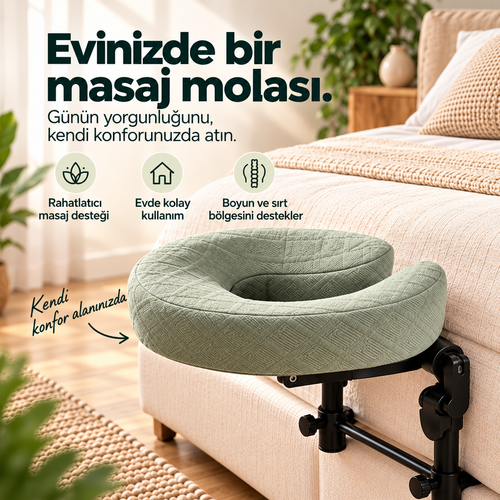 Yatak kenarına takılı Iscomfy masaj başlığı ve adaçayı yeşili yüz yastığı